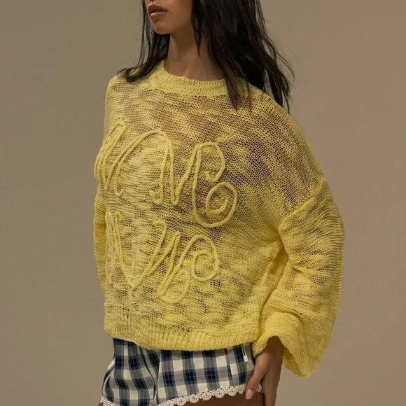 Yellow Casual Women's Crew Neck  Embroidery Knit Sweater Top - Picture 3 of 5